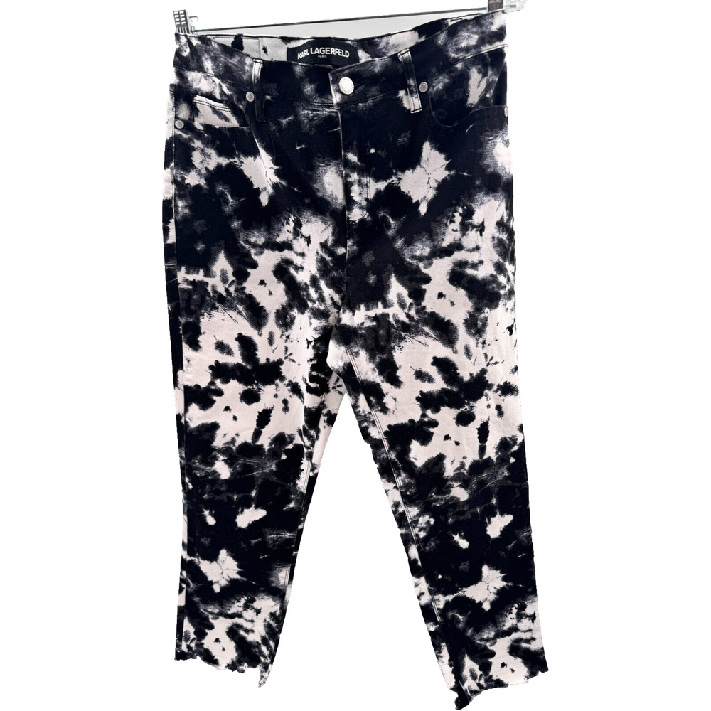 Karl Lagerfeld Paris Womens 10 Black Tie Dye Crop Jeans Raw Hem Streetwear Style